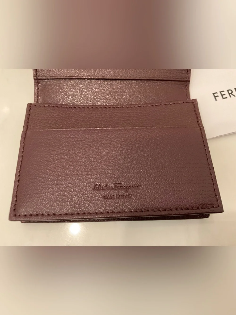 NEW Salvatore Ferragamo Gancini Embossed Gusseted Credit Card Wallet - BURGUNDY